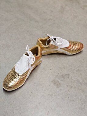 Gold & White Athletic Sneakers With Quilted Design & Lace-Up Closure